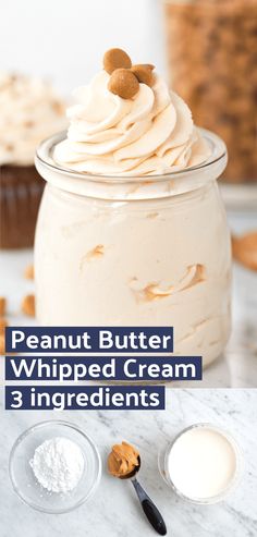 peanut butter whipped cream in a glass jar with spoons next to it and the words, peanut butter whipped cream 3 ingredients