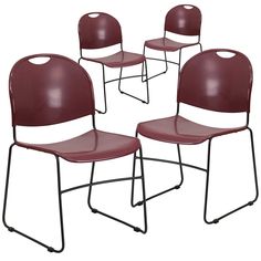 set of four burgundy stacking chairs with black frame