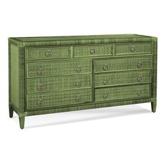 a green dresser with wicker drawers and handles on it's sides, against a white background