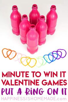 there are nine pink plastic bottles with hearts on them and the words, minute to win it valentine games put a ring on it