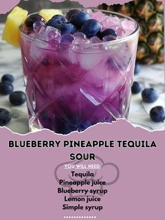 Tequila 2 oz\nPineapple juice 1 oz\nBlueberry syrup 0.5 oz\nLemon juice 0.5 oz\nSimple syrup 0.5 oz\nEgg white optional, 1\nIce cubes\nFor that extra flavor, combine tequila, pineapple juice, blueberry syrup, lemon juice, simple syrup, and egg white (if using) in a shaker without ice. Shake well to mix. Add ice and shake until cold. Strain into a glass and garnish with blueberries for the perfect #TequilaSour. Enjoy all summer long! \xf0\x9f\x8d\xb9\n#TequilaLovers #SummerVibes #FruitCocktail Blueberry Pineapple Tequila Sour, Pineapple Tequila, Tequila Pineapple, Tequila Sour, 5 Oclock, Iced Drinks Recipes, Bartender Drinks, Cocktail Drinks Alcoholic, Happy Drink