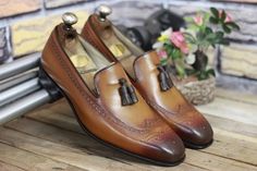 Men's New Handmade Leather Shoes Tan Brown Leather Teasels Slip On Stylish Loafer Wing Tip Dress & Formal Wear Shoes on Storenvy Quality Leather Boots, Custom Design Shoes, Formal Wear Dresses, Handmade Leather Shoes, Tassel Loafers, Dress Formal, Handmade Shoes, Brown Fashion, Handmade Leather