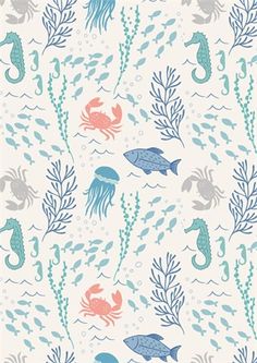 an ocean themed wallpaper with sea animals and fish