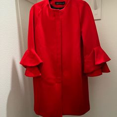 Brand New With Tag. Never Worn. Front Zipper With Pockets, And Fancy Bell Sleeves. Spring Party Red Outerwear, Red Spring Party Outerwear, Red Formal Outerwear For Spring, Elegant Red Outerwear For Party, Zara Red Outerwear For Fall, Zara Spring Evening Outerwear, Elegant Red Evening Outerwear, Chic Red Zara Outerwear, Elegant Solid Zara Outerwear