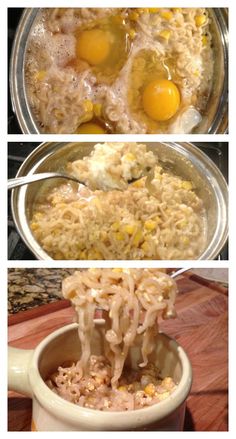 three pictures showing different stages of cooking rice and eggs