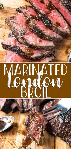 marinated london broil on a wooden cutting board