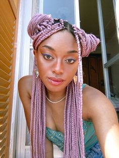 Pink box braids Pink Purple Box Braids, Pastel Box Braids, Pink Hair Braids, Lavender Hair Ideas, Colourful Braids, Pink Box Braids, Braids Pink, Purple Box Braids, Pink Braids