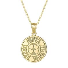 "This gorgeous 10k gold disc pendant necklace is a reminder to have a positive spirit. This gorgeous 10k gold disc pendant necklace is a reminder to have a positive spirit. Pendant size: 20.8 mm x 14.6 mm Chain length: 18 in. Chain type: cable Metal: 10k gold Finish: polished Packaging: boxed Size: 18"". Gender: female. Age Group: adult." Inspirational Round Necklace For Anniversary, Inspirational Round Necklaces For Anniversary, Meaningful Round Charm Necklaces For Anniversary, Valentine's Day 14k Stamped Round Necklace, 14k Gold Round Pendant Charm Necklace For Anniversary, Anniversary 14k Stamped Round Pendant Charm Necklace, 10k Gold Chain, Gold Disc, Disc Pendant