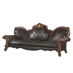 an ornate wooden couch with leather upholstered back and arm rests on a white background