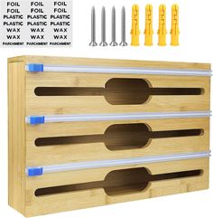 a wooden tool box with tools in the bottom and four holes on each side for storage