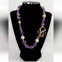 ~Pre-Owned (Good Condition) Amethyst, Pearl & Crystal Necklace By Alexis Bittar ~The Pictures Show The Necklace In Different Settings & Lights ~Original Retail Price Is Almost $500.00 ~This Rare Necklace Features A Mix Of Amethyst Stones, Faux Pearls Of Varying Sizes & Faceted Crystals ~Matinee Length At 20 Inches Long With The Main Tri-Stone Piece Itself Measuring 1.25 Inches X 1.5 Inches ~Alexis Bittar Hallmark With Lobster Claw Closure In Back ~No Trades Luxury Amethyst Necklace With Gemstone Accents, Luxury Purple Jewelry With Natural Stones, Luxury Purple Natural Stones Jewelry, Luxury Purple Necklace With Gemstone Beads, Luxury Amethyst Necklaces With Natural Stones, Luxury Amethyst Gemstone Beads Jewelry, Luxury Amethyst Necklace With Natural Stones, White Amethyst Jewelry With Gemstone Accents, Luxury Handmade Purple Necklace