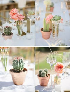 four different shots of flowers in vases and wine glasses on a white table cloth