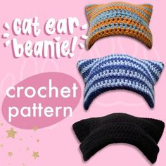 three crochet pillows with the words cat ear beanie