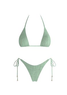 Featuring a triangle bikini with adjustable string ties in the color green Maxi Jumpsuit, Trendy Bikinis, Tea Green, Athleisure Tops, Silk Bottoms, Leather Denim, Summer Bikinis, Tie Styles, Swimwear Sale