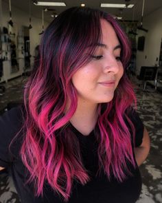 Dyed Hair Not Roots, Money Piece Balayage Pink, Pops Of Color Hair Brunette, Black With Pink Money Piece, Vivid Underneath Hair, Brown Hair With Vivid Color, Hair Color Pink And Black, Hot Pink Hair Ideas, Hot Pink Highlights In Black Hair