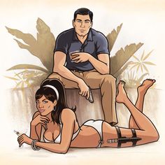 a man and woman sitting on top of each other in front of a palm tree