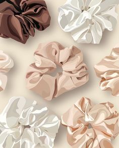 several different types of scrunffles on a beige background with white and brown colors