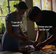 two women are preparing food together in the kitchen with words above them that read, i can do it