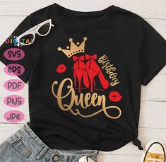 a t - shirt that says queen with red lips and gold lettering on the front