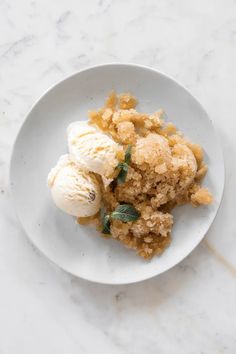 two scoops of ice cream sit on top of a white plate with crumbs and leaves