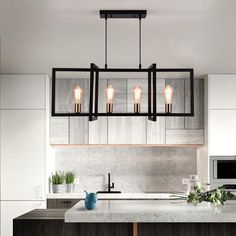 a kitchen island with four lights hanging from it's sides and plants on the counter