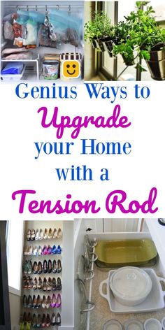 the inside of a kitchen with pots, pans and dishes in it that are labeled genius ways to upgrade your home with a tension rod