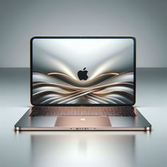 an apple laptop computer sitting on top of a white table next to a silver and gold background