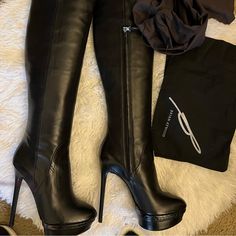 Brand New, Black Leather Knee High Brian Atwood Boots. Size 8. Approx 5” Heel. Never Worn, Purchased From Nm. Comes With Dust Bag And Box. Note: Boxed Kinda Destroyed From Being Tucked Under Bed:(. It Can Be Taped Up For Shipping. Camel Boots, Brian Atwood Heels, Brian Atwood Shoes, Black Knee High Boots, Brian Atwood, Black Heel Boots, Grey Boots, Black Knees, Leather Riding Boots