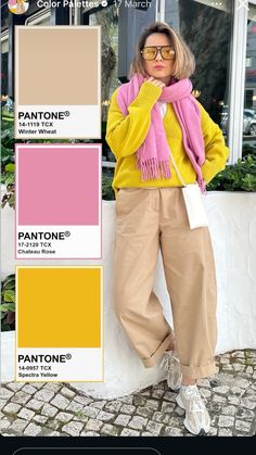 Ellena Hue colour combos Spring Yellow Outfits, Chic Colorful Outfits, Hose Beige Outfit, Color Combination With Yellow, Yellow Combination Color, Beige Color Combinations, Yellow Pink Outfit, Color Combinations Fashion, Colorblock Outfits