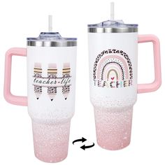 two pink and white coffee mugs with the same design on them, one is filled with glitter