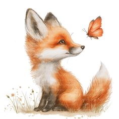 a painting of a fox and a butterfly