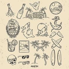 a bunch of different items that are drawn on paper