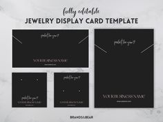 the jewelry display card template is displayed on a marble surface with black and white lettering