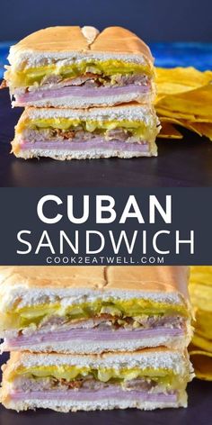 the cuban sandwich is cut in half and stacked on top of each other with chips