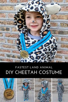 a little boy wearing a cheetah costume with the words fastest land animal diy cheetah costume