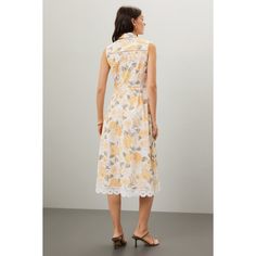 Off-white floral cotton. Casual dress. Sleeveless. Collared neckline. Front button closure. 48" from shoulder to hemline. Imported. Cotton Casual Dress, Tan Shoulder Bag, Rachel Parcell, Simple Sandals, Sleeveless Shirt Dress, Rent The Runway, Closet Designs, Lace Hem, Strapless Bra