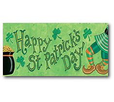 a st patrick's day banner with a lepreite holding a pot of gold