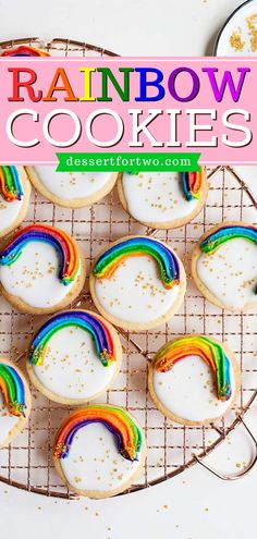 Looking for easy St. Patrick's Day desserts? Here's the perfect St. Patrick's Day sweet! It starts with a small batch of cut-out sugar cookies. Topped with royal icing and rainbow swirl buttercream, this rainbow cookie recipe is so cute! Rainbow Cookie Recipe, Rainbow Theme Birthday, St Patrick's Day Desserts, Rainbow Cookies Recipe, St Patricks Food, Easy Impressive Dessert, Cut Out Sugar Cookies, Rainbow Cookie, Cut Out Sugar