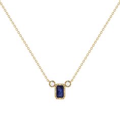 Our Emerald Cut Sapphire & Diamond Birthstone Necklace gives your style a refreshing edge. Crafted in 14K Gold  for the refined modern woman. Birthstone Necklace for Women Metal: 14K Gold (White / Yellow) Gem Type: Emerald Cut Sapphire Gemstone (0.39 CTTW) Diamonds: Natural Round Shape (0.04 CTTW) Diamond Color/Clarity: GH/SI1 Setting: Bezel with Milgrain Chain: 18 inch with jump rings at 16 & 17 inches. Luxury Sapphire Necklace With Gemstone Accents, 14k Yellow Gold Necklace With Gemstone Accents, Elegant Sapphire Necklaces With Gemstone Accents, Modern Yellow Gold Necklace With Gemstone, Elegant Sapphire Jewelry With Bezel Setting, Luxury Yellow Gold Birthstone Necklace With Gemstone, Elegant 14k Gold Diamond Necklace With Gemstone, Elegant Yellow Gold Birthstone Necklace With Gemstone Accents, Elegant Birthstone Necklace With Gemstone Accents