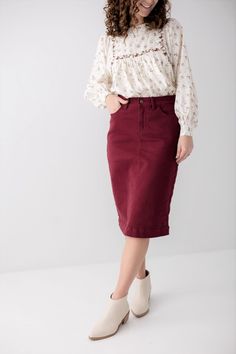 Our new and improved take on the classic Leah Skirt! Modesty. Comfort. Style. This vintage denim skirt was created to mimic a lived in feel for ultimate comfort! The simple lines of the 'Leah' skirt add a touch of class to any outfit, while the burgundy color flatters all skin tones. Designed by us with you in mind, we think you are going to fall in love with this skirt as much as we did! 97% Cotton 3% Spandex Machine Wash Cold Do Not Bleach Tumble Dry Low Low Iron if Needed Do Not Dry Clean Mod Maroon Skirt Outfit, God Outfits, Modest Plus Size, Outfits Faldas, Cute Church Outfits, Bridesmaid Outfits, Christian Clothes, Maroon Skirt, Vintage Denim Skirt