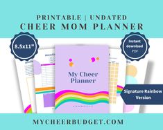 the printable cheer mom planner is on display in front of a blue background with text