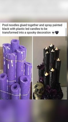 purple candles are stacked on top of each other and decorated with skulls, flowers, and ribbons