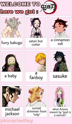 an anime character's names and their characters in different languages, with the words welcome to here we got