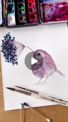 a watercolor painting of a pink bird with purple flowers on it's head