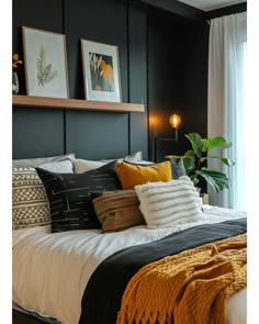 Dark Green Bedroom Bedding, 2 Black Walls Bedroom, Bold Accent Wall Colors, Bedroom Bold Colors, Bedroom All One Color, Dark Board And Batten Wall Bedroom, Accent Wall With Shelves Bedroom, Dark Bedroom Bedding Ideas, Black Accent Interior Design