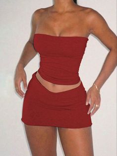 Solid Ruched Tube Top & Bodycon Skirt For Summer Burgundy Sexy    Plain  Medium Stretch  Women Clothing, size features are:Bust: ,Length: ,Sleeve Length: Red Tube Top, Red Halter Top, Black Skirt Outfits, Tube Skirt, Arabian Horses, Body Con Skirt, Summer Skirts, Set Outfit