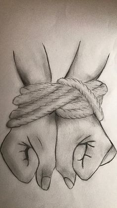 a pencil drawing of two hands tied up to each other with one hand holding the other's head