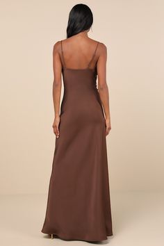 Glide into any room and watch as everyone's eyes follow you in the Lulus Truly a Beauty Dark Brown Satin Cowl Neck Side Button Maxi Dress! Sleek woven satin forms this gorgeous dress that falls from adjustable spaghetti straps into a flattering cowl neckline and a fitted bodice. The figure-skimming, slip-style silhouette features a decorative, asymmetrical loop-button placket that meets the alluring slit at the side of the A-line maxi skirt. Slip-on design. Fit: This garment fits true to size. L Maxi Dress Satin, Brown Maxi Dress, Button Maxi Dress, Slip Maxi Dress, Winter Formal Dresses, Brown Satin, Cowl Neck Dress, Winter Formal, Satin Prom Dress