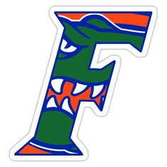 the letter f with an angry face on it's head is shown in blue, orange and green