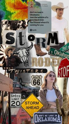 a collage of various street signs, including a woman and a man with a cowboy hat